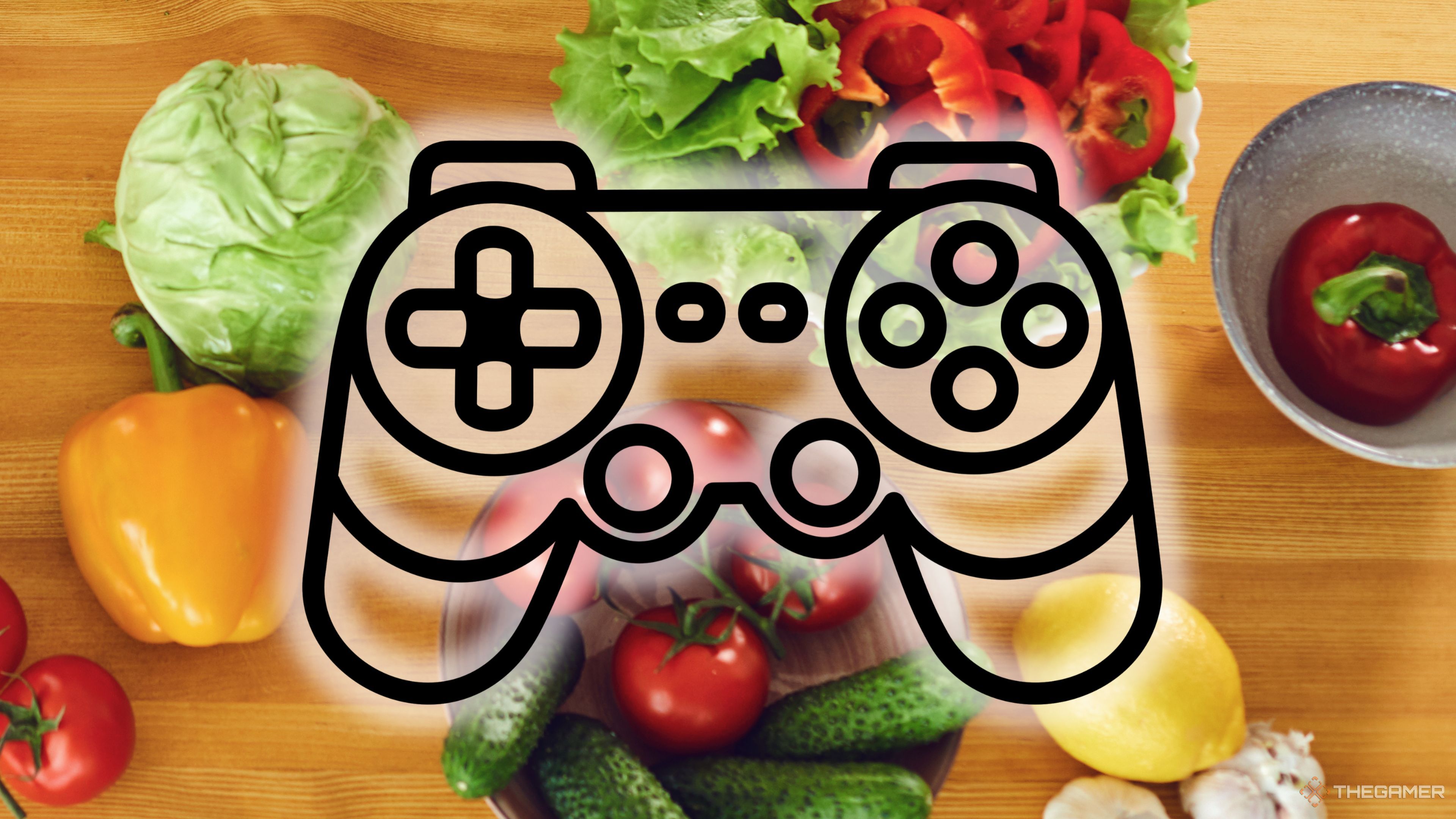 A PS4 controller graphic glowing in front of a cutting board with salad ingredients for the list of realistic cooking games.