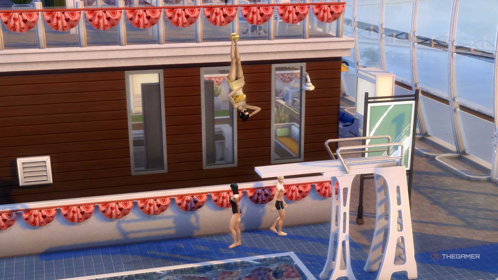 A seam turning forward to turning the new tall diving board closed on the pool.