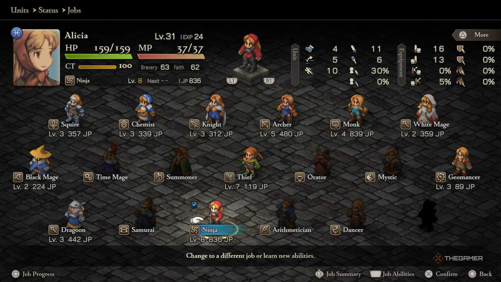 Mounting Monty Change of Employment showing what he has access in the Final Fantasy Tactics The Ivronicles.