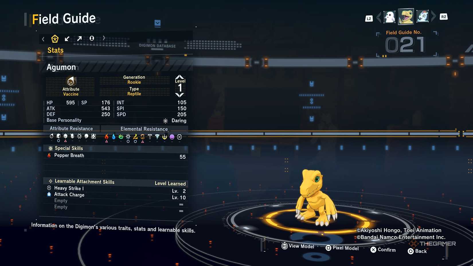 Agumon's Field Guide stats and skills page in Digimon Story Time Stranger.