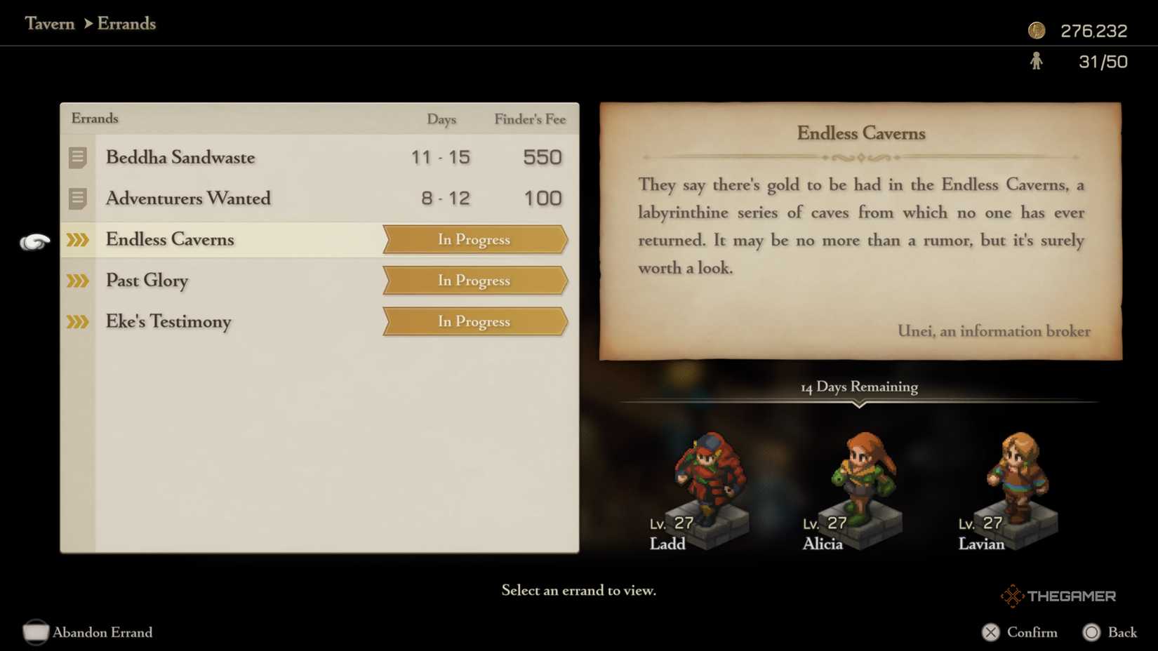 Screen of errands with several ongoing errands in the tactics of Final Fantasy The Ialice Chronicles.