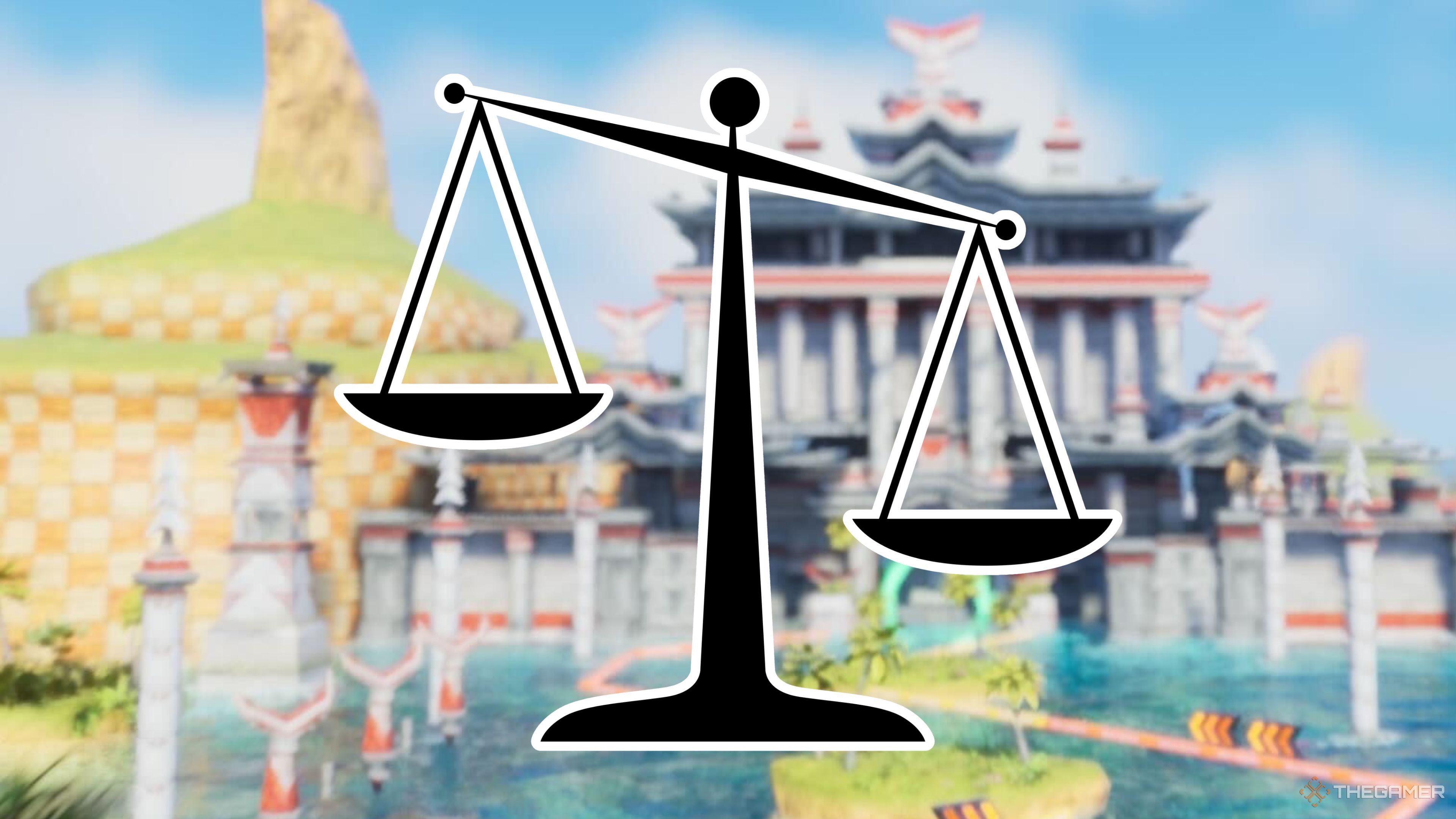 An imbalanced scale in front of the Ocean View castle in Sonic Racing CrossWorlds