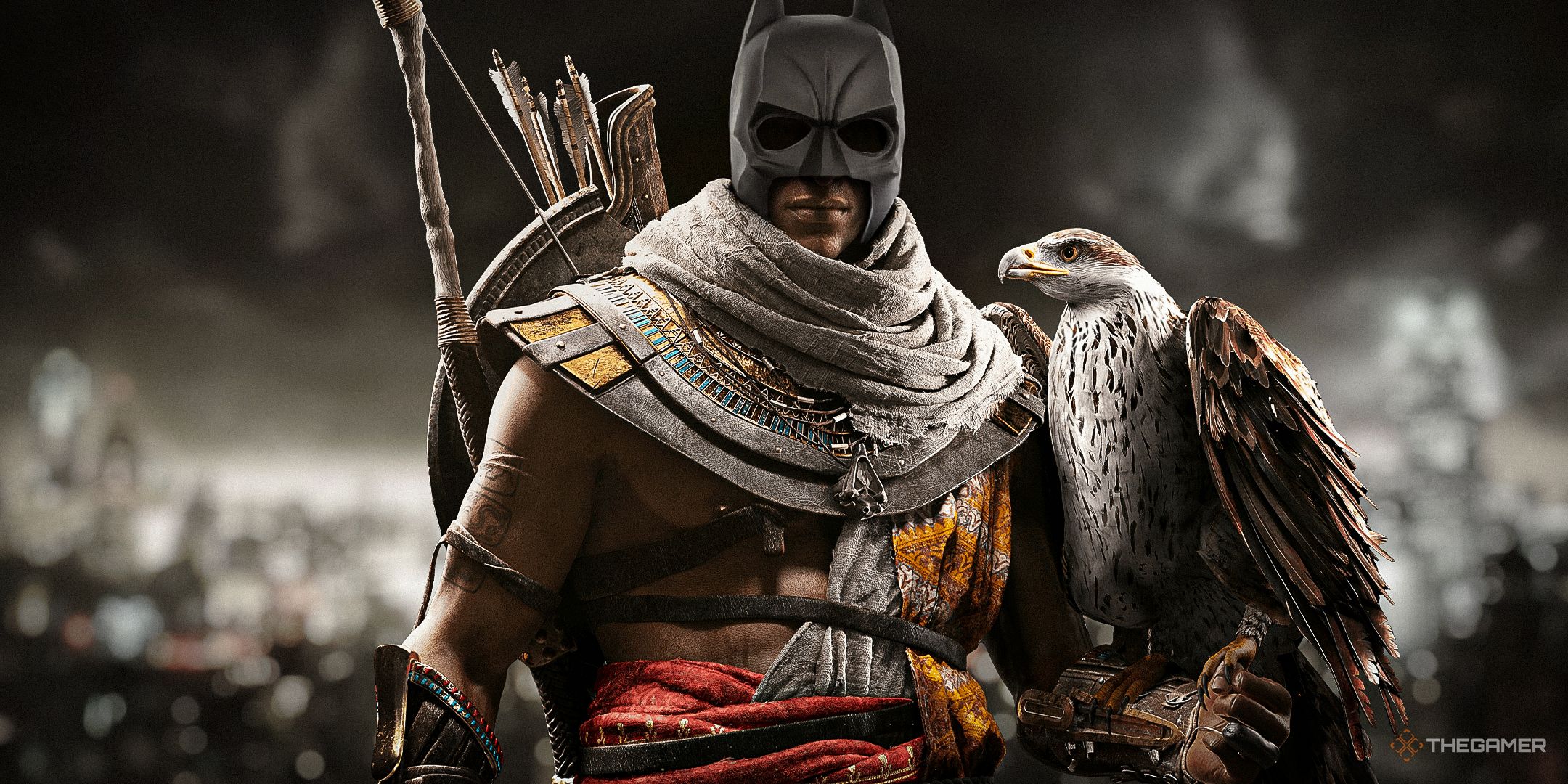 Bayek from Assassins Creed Origins wearing a Batman cowl over Arkham's Gotham.
