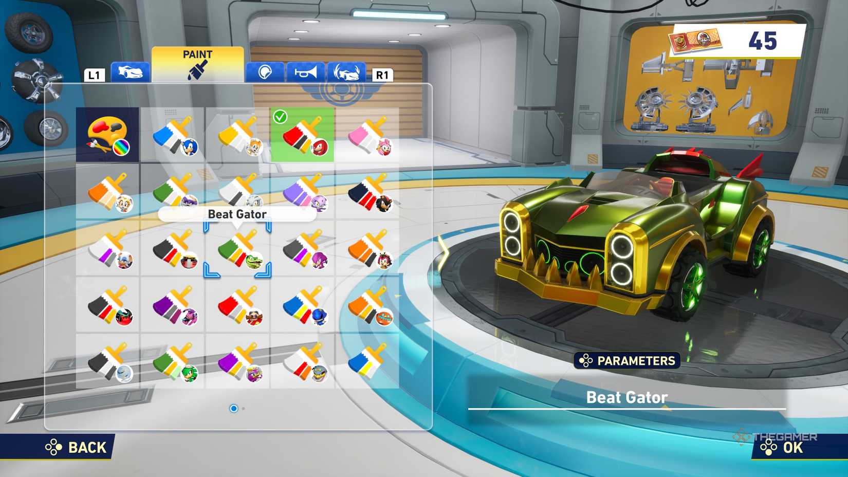 Gator builds in the customize machine shops of Sonic Racing Crossworlds.