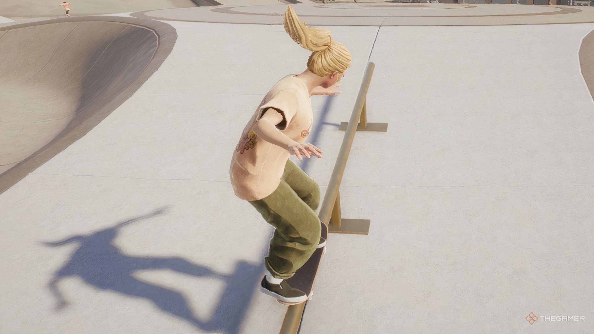 Blonde character skating on a rail in the game Skate.