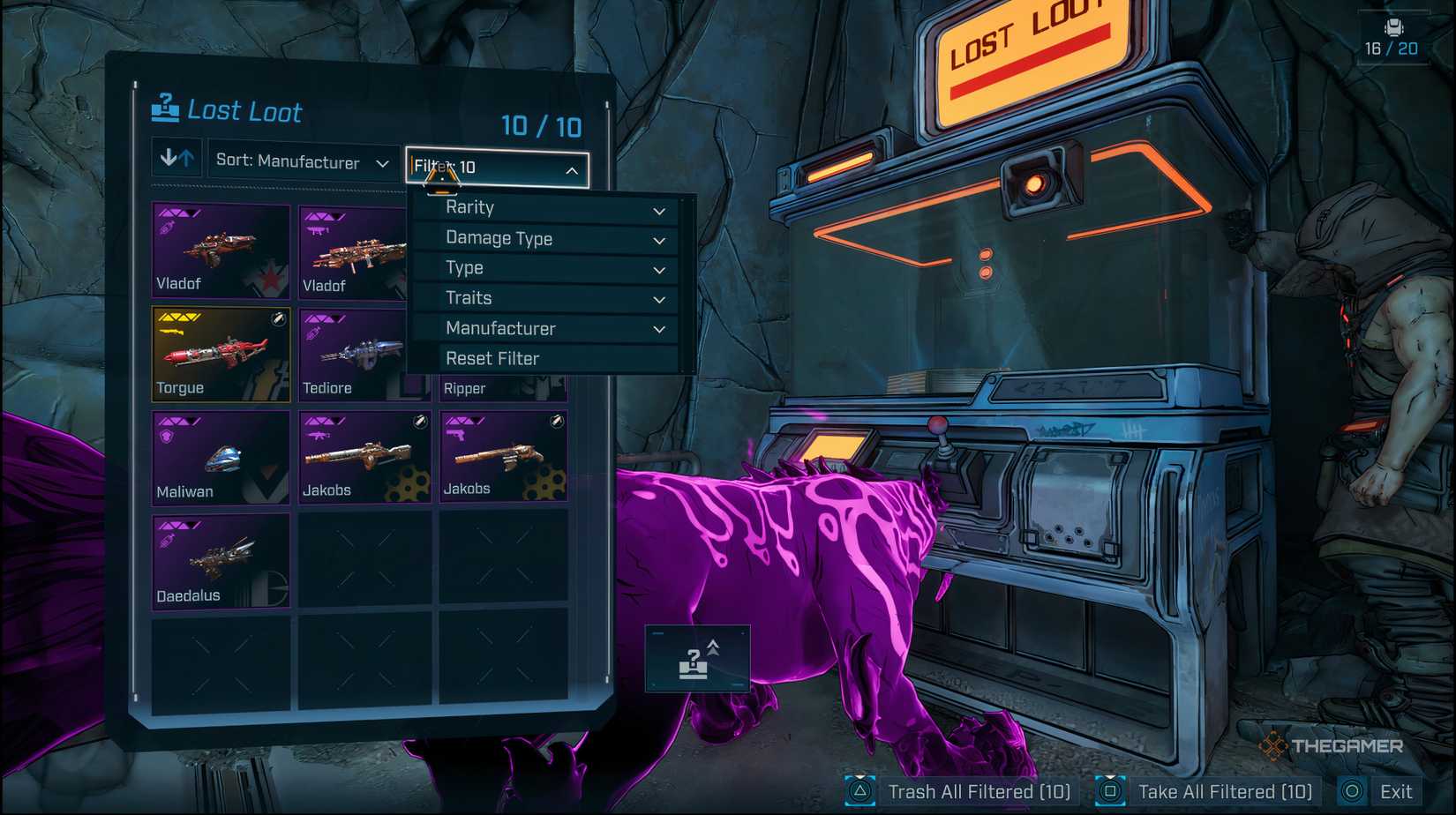 Players in Lost Loot Machines inventory explore the filter system of Borderlands 4.