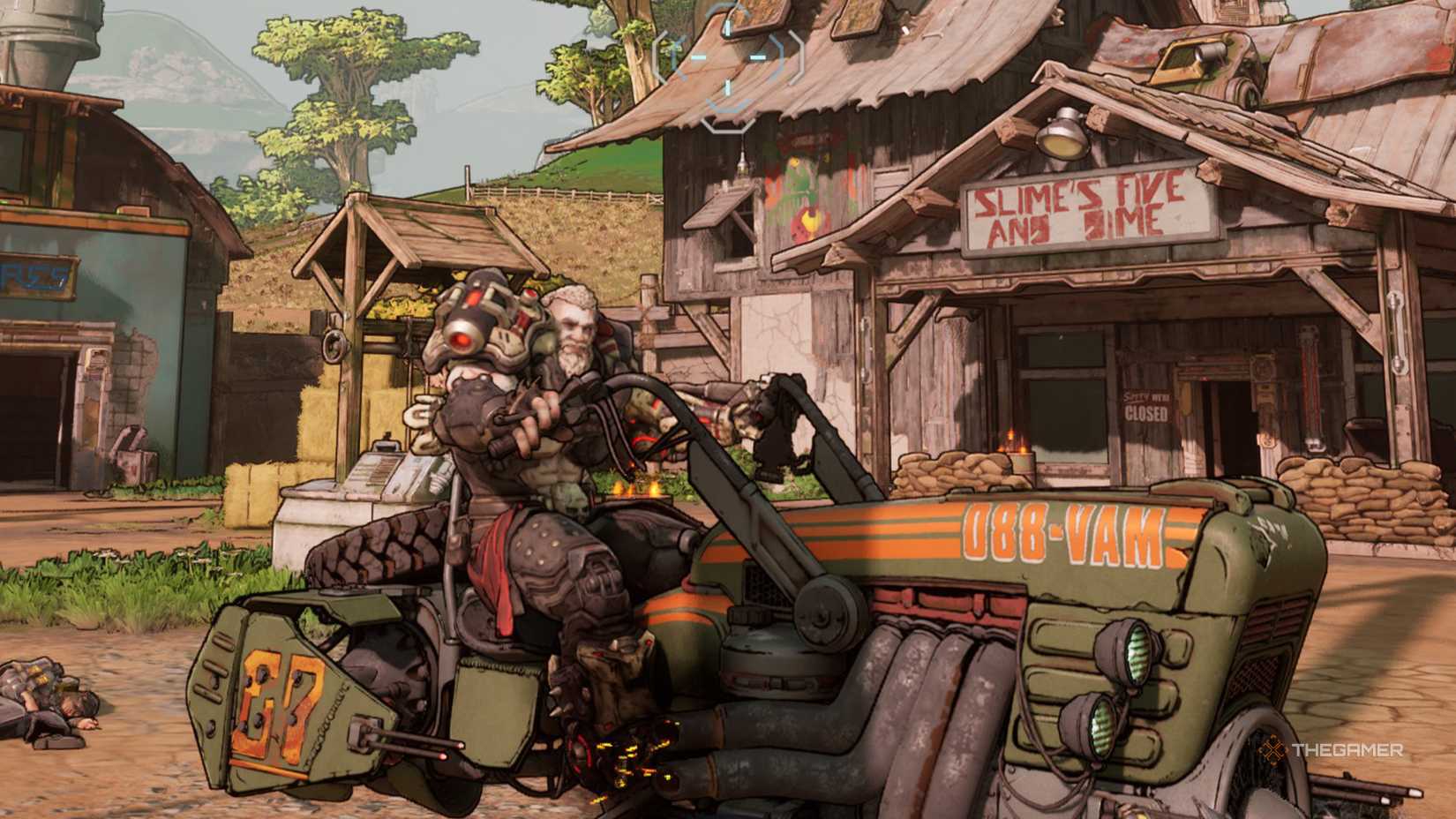 Borderlands 4 character sitting on their vehicle in front of Slimes Five and Dime store.