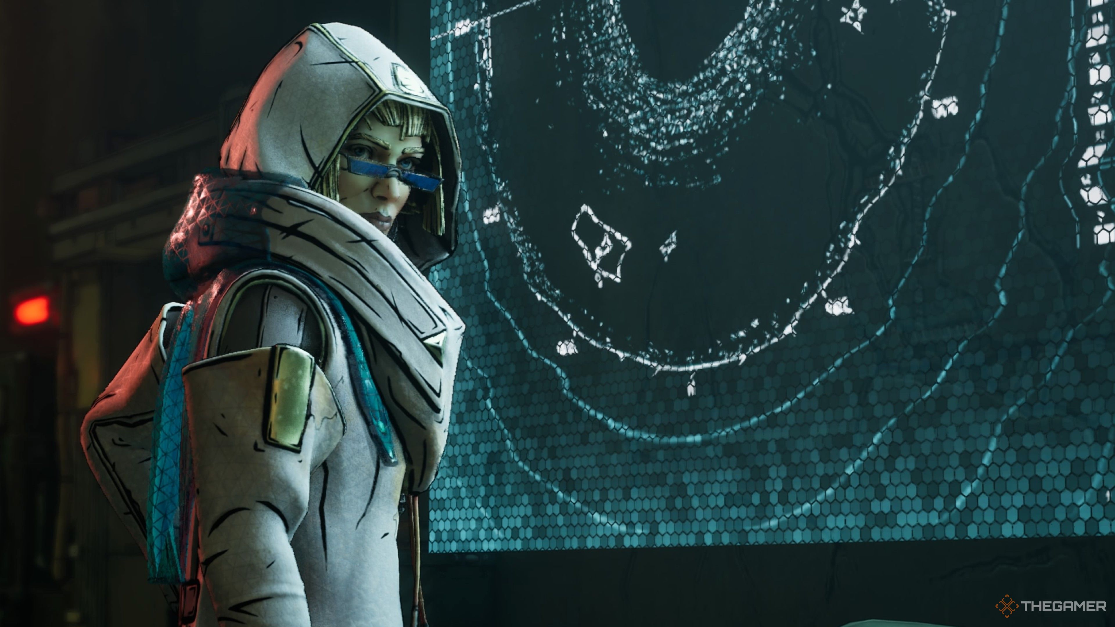 Borderlands 4 character Zadra stands by a big computer screen.