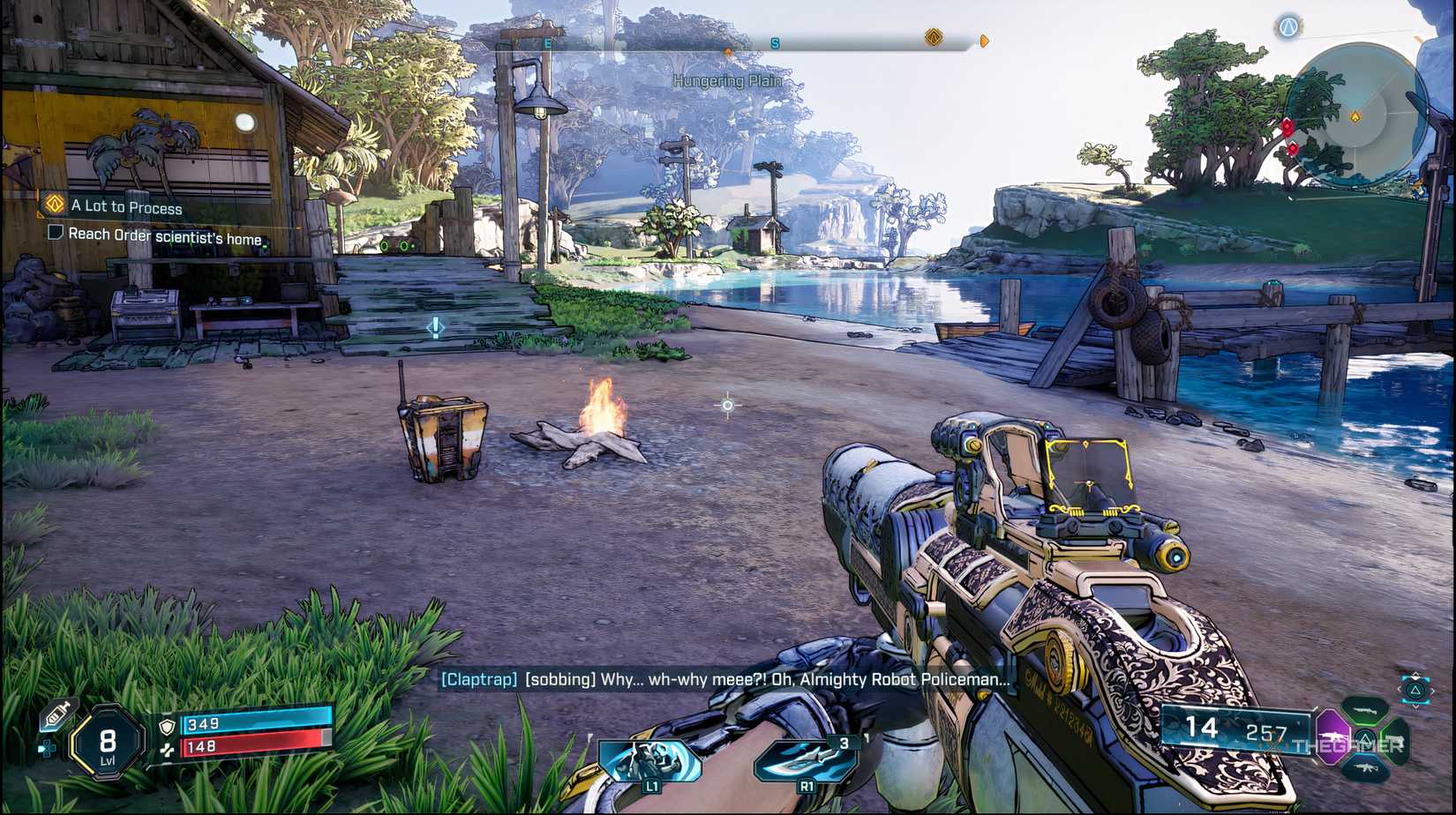 The player is watching in Cleptrap who sits on the beach in Borderland.