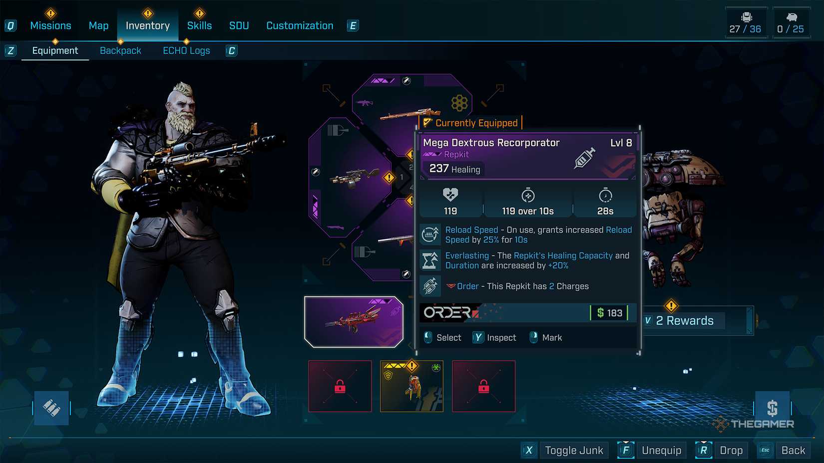Borderlands 4 inventory highlighting a purple rarity Repkit that boosts reload speed.
