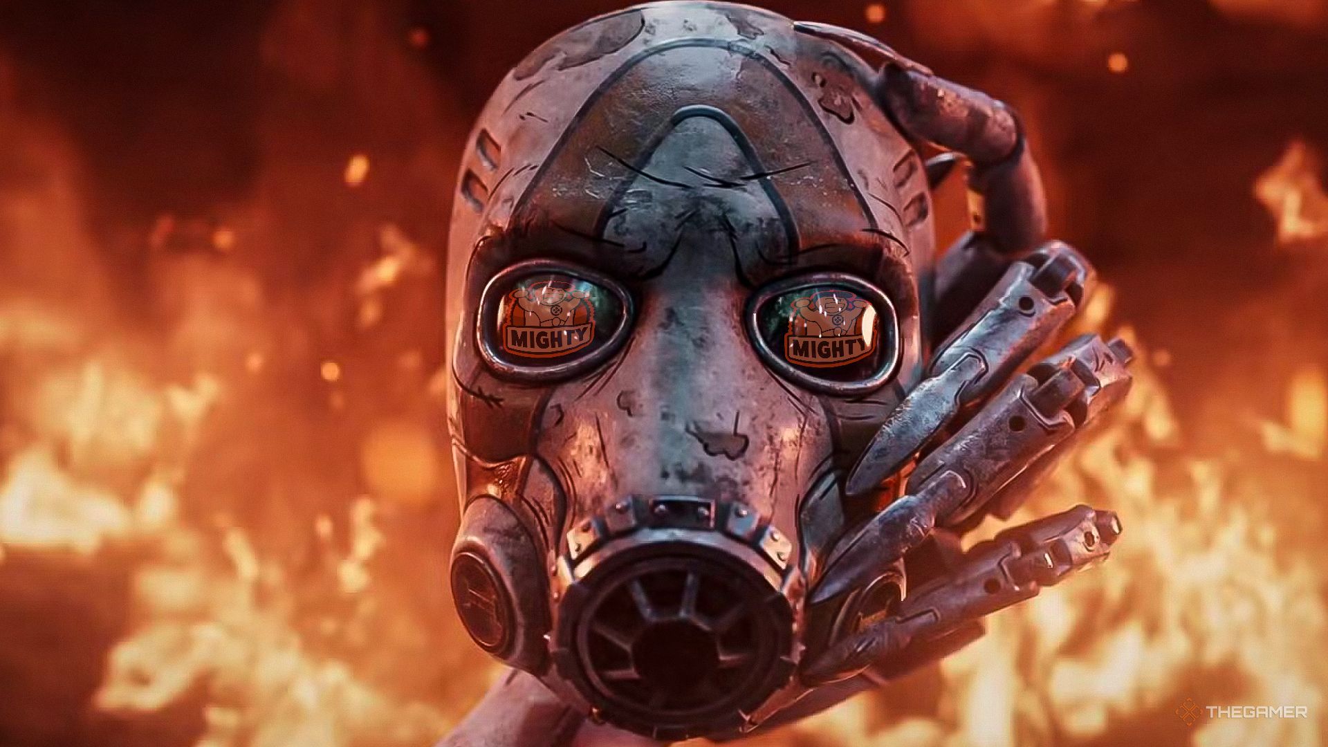 Borderlands 4 mask with fire in the background.