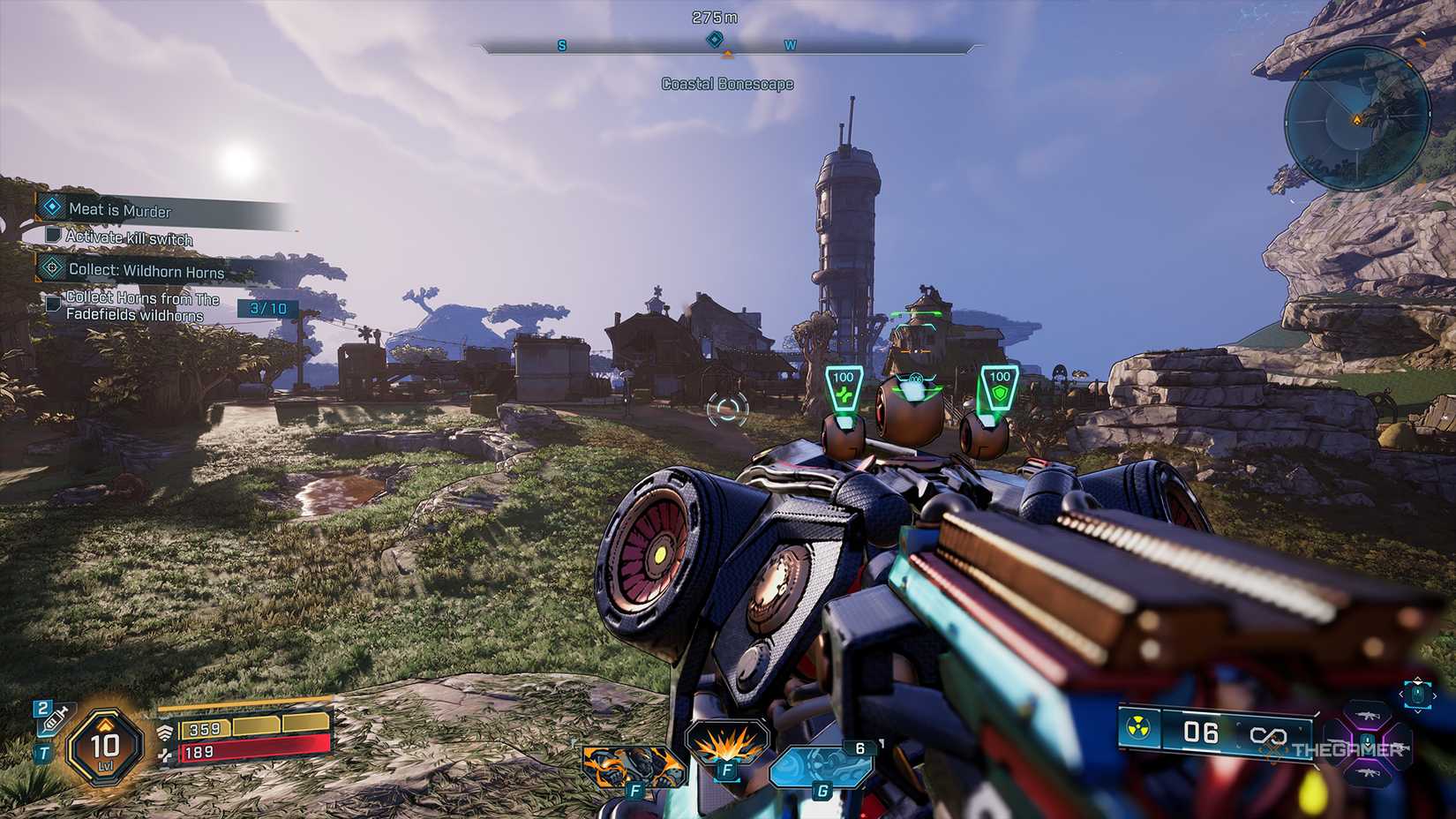 Borderlands 4 player holding a grenade launcher Ordnance, and pointing it at a settlement.