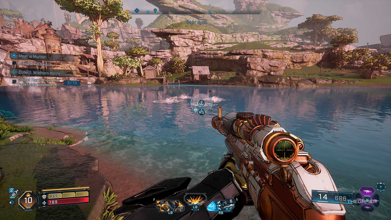 Borderlands 4 player looking at splashes in the water, with a grappling hook prompt appearing above them.