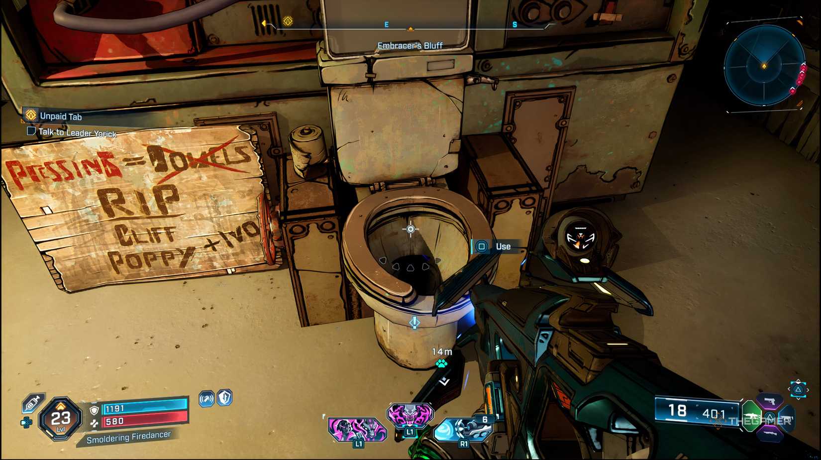 The Robot is standing in the toilet in Border Border Border. There is telling them to use the toilet.