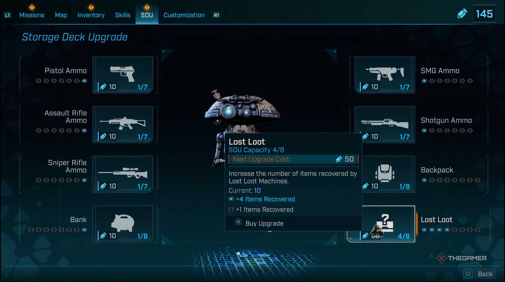 Player from the SDU upgrade menu that selects the lost loot upgrade from the bottom right of Borderlands 4.