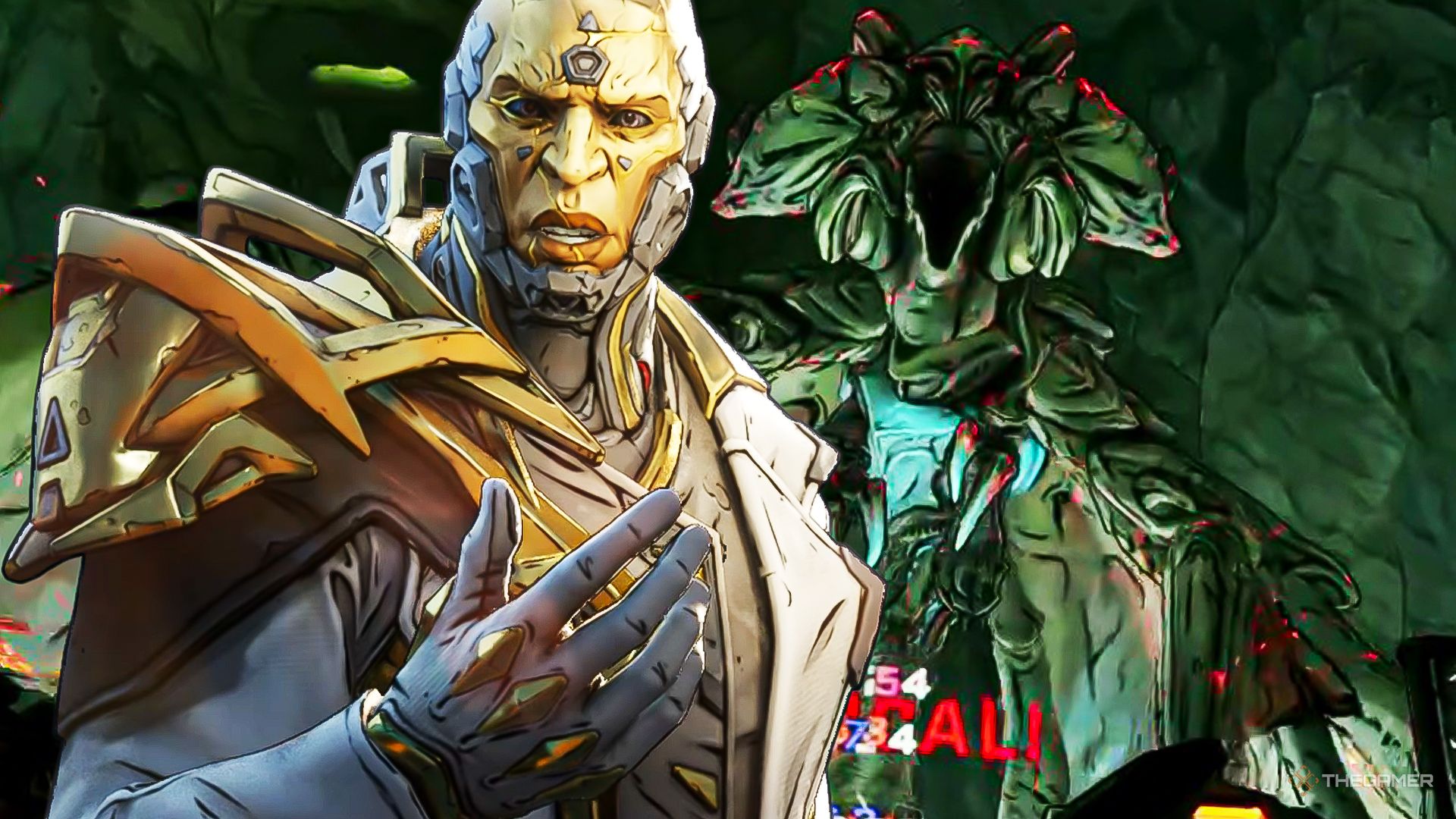 Borderlands 4 Timekeeper standing in front of a giant Kratch boss.