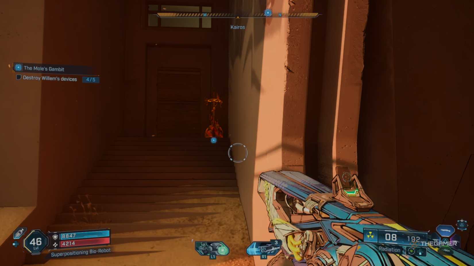 The sabotage relay device is highlighted in red at the top of some sand stairs in Borderlands 4.