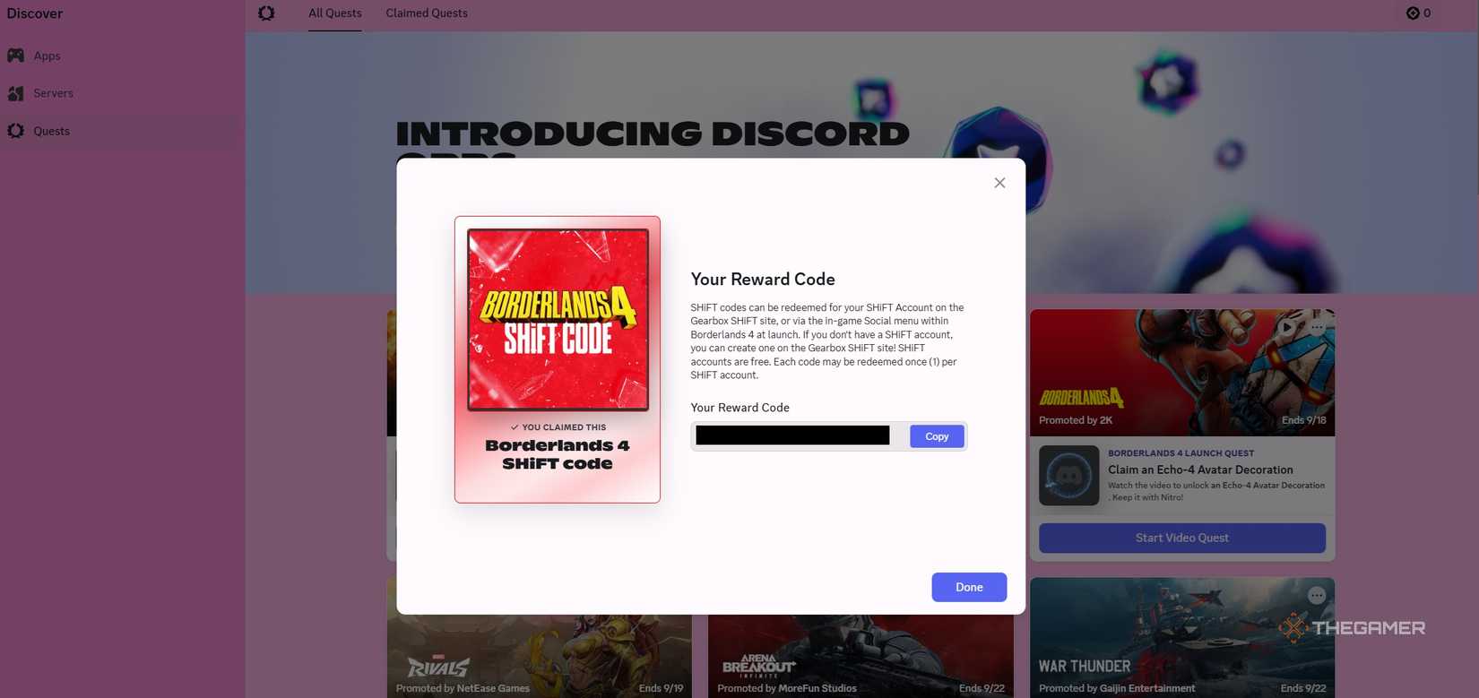 The shift code provided in Borderlands 4 Discord Quest.