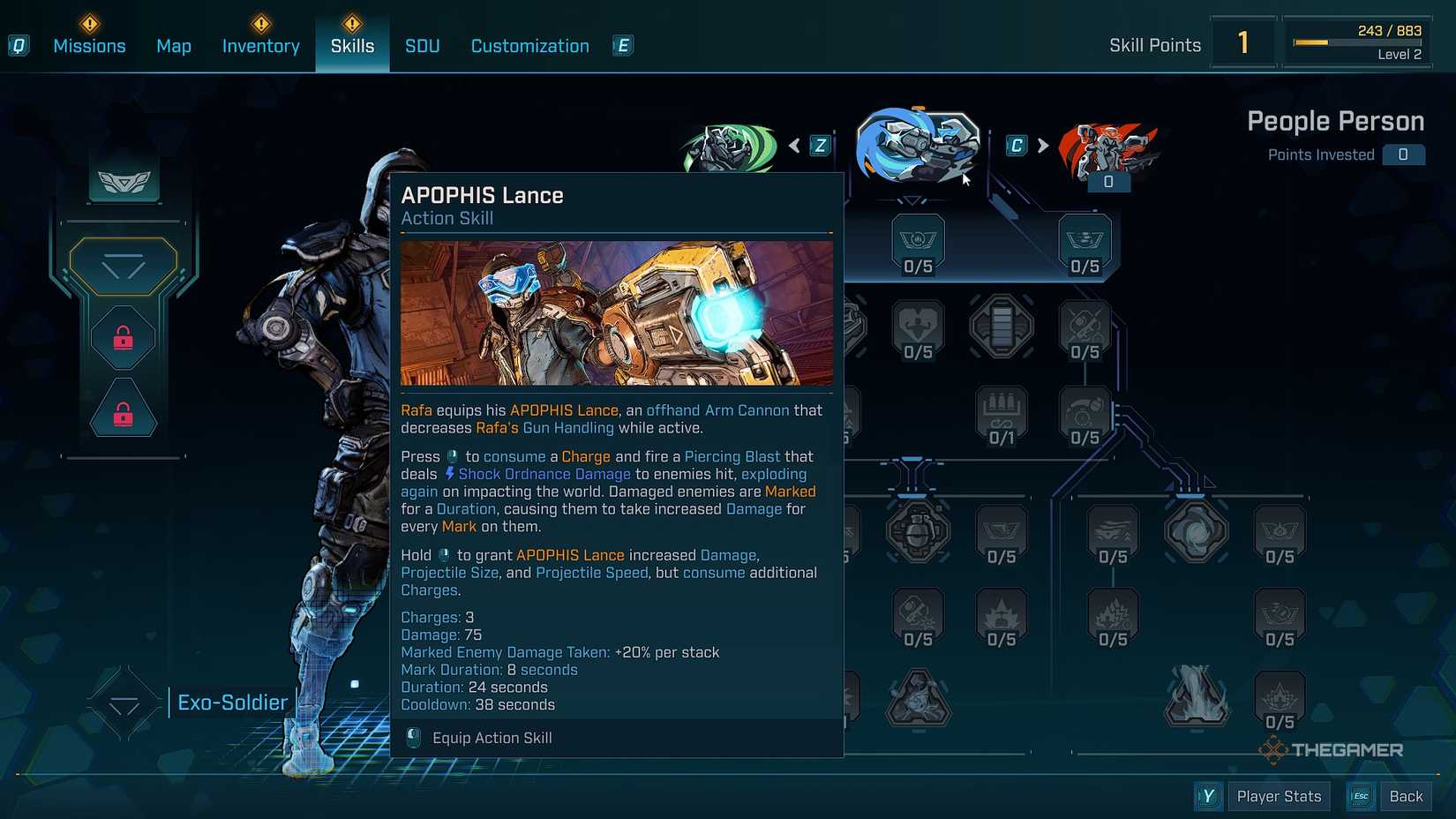Borderlands®4 Rafa skill menu with the Apophis Lance ability listed.