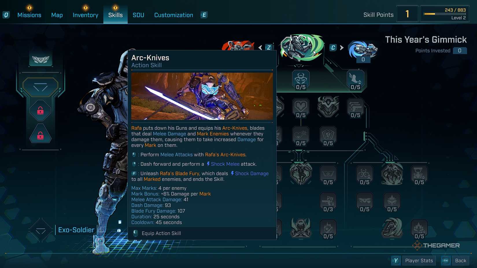 Borderlands®4 Rafa skill menu with the Arc-Knives ability listed.