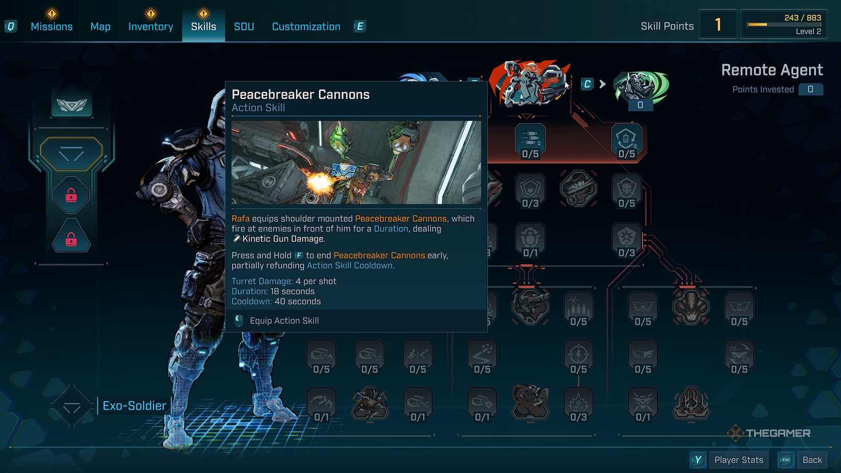 Borderlands®4 Rafa skill menu with the Peacebreaker Cannons ability listed.