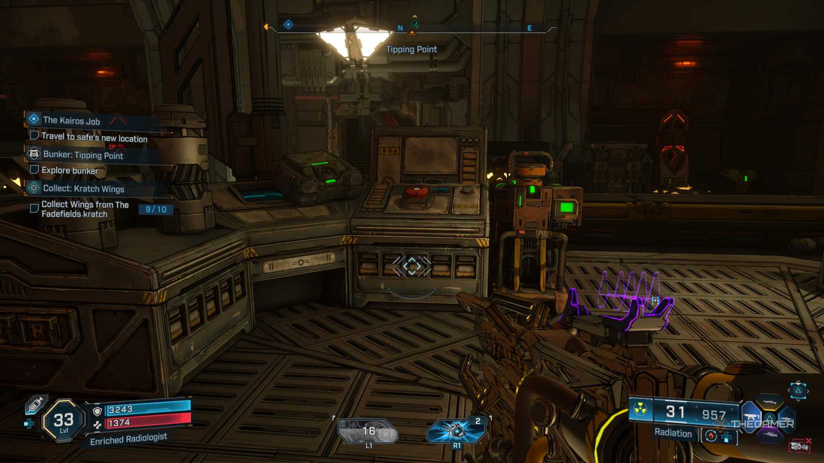 A driven console with a large red button sits in the middle of a manufacturing plant in Borderland 4.