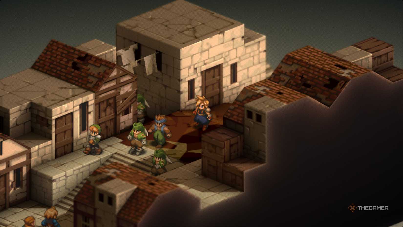 Cloud standing behind brigands in Sal Ghidos in the Final Fantasy The Ivronicles.