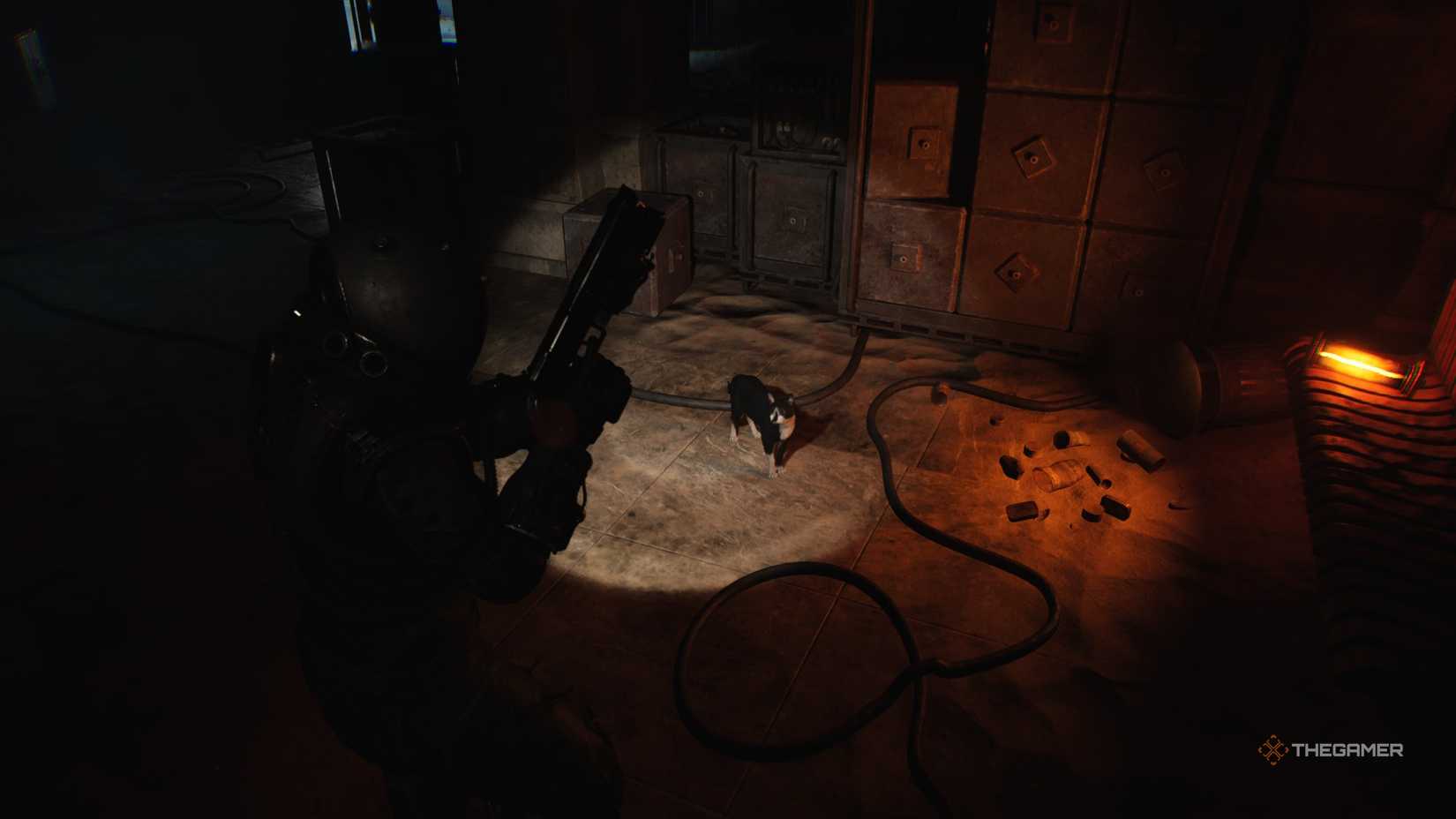 Traveler looking at a cat in a dark room next to some boxes of Cronos: The New Dawn.