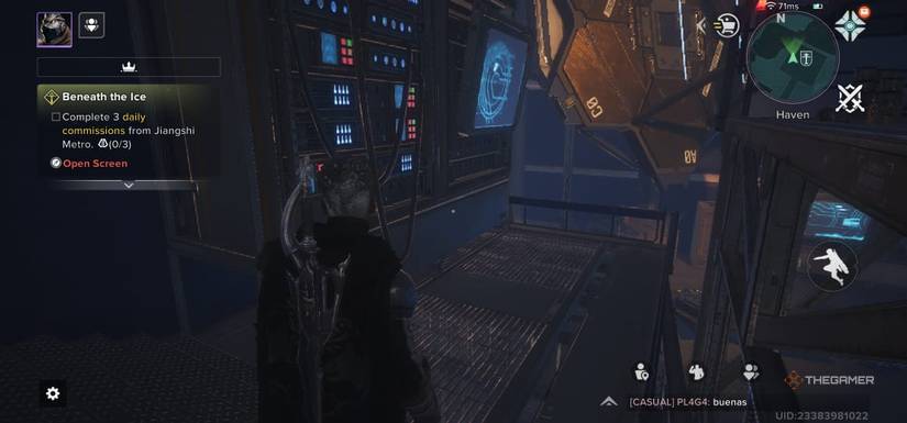 The player is looking at the monitor and some light indicators in Destiny: RISING.