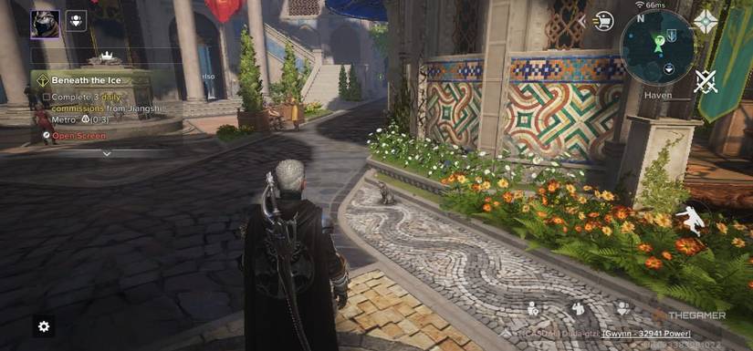 Player looking at a cat next to flowers in destiny: rise.