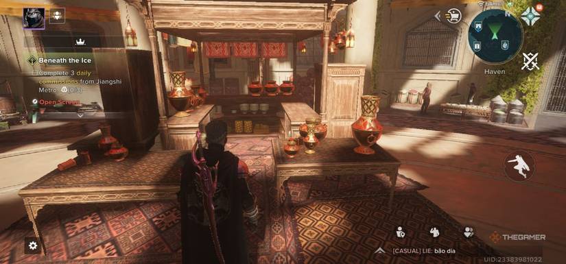 The player sees a stand with a table and a ship in the fate: RISING.