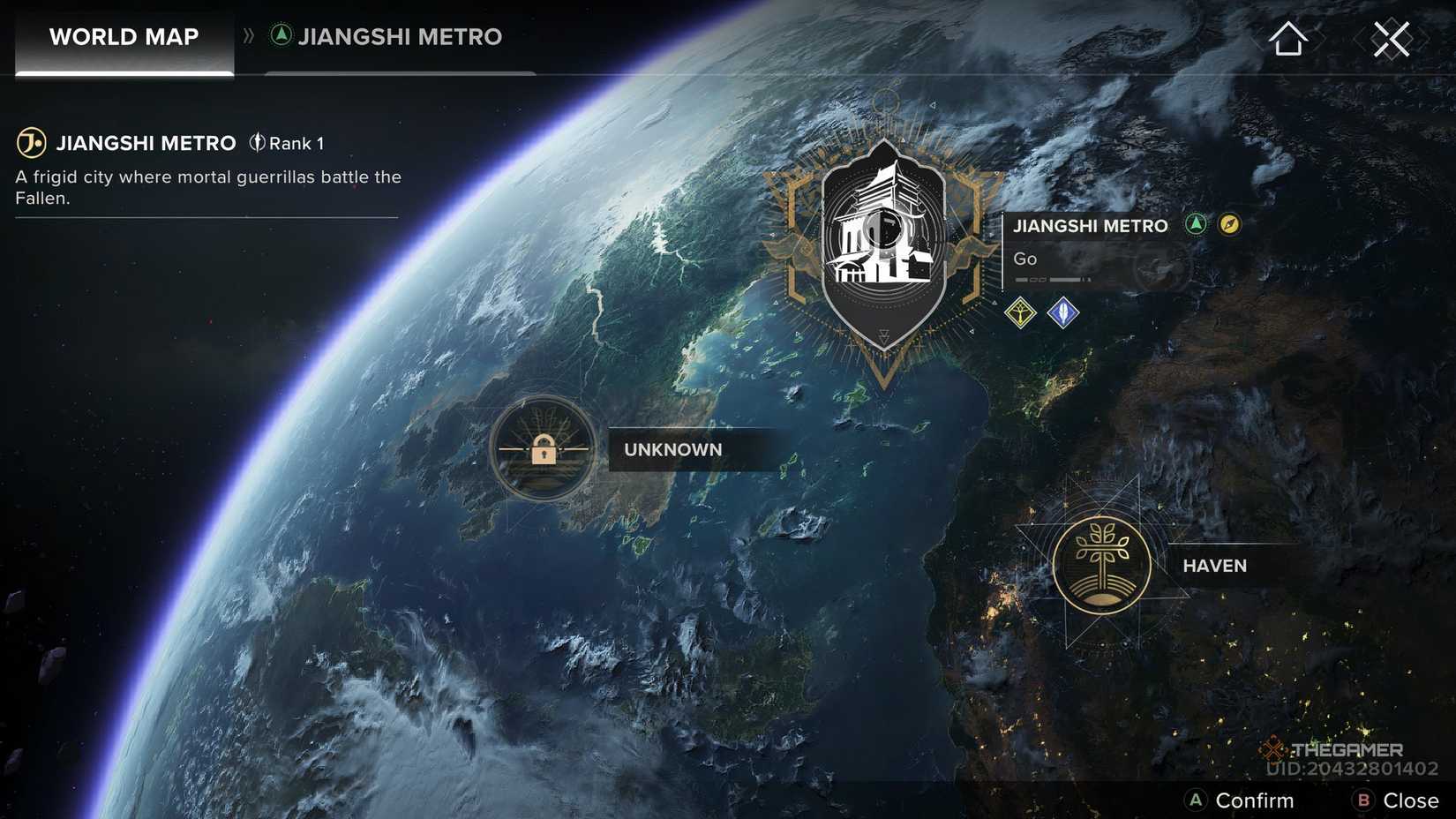 World Destiny Map: Rising with the location of the Zhang Sea subway selected at the top. 