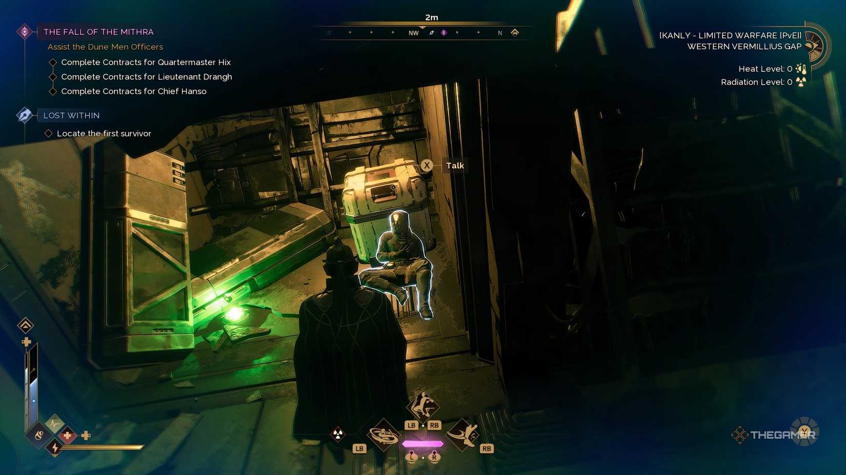 The the player about to interact with the first crew member in Dune: Awakening. The ID band is lit up green beside the character. 
