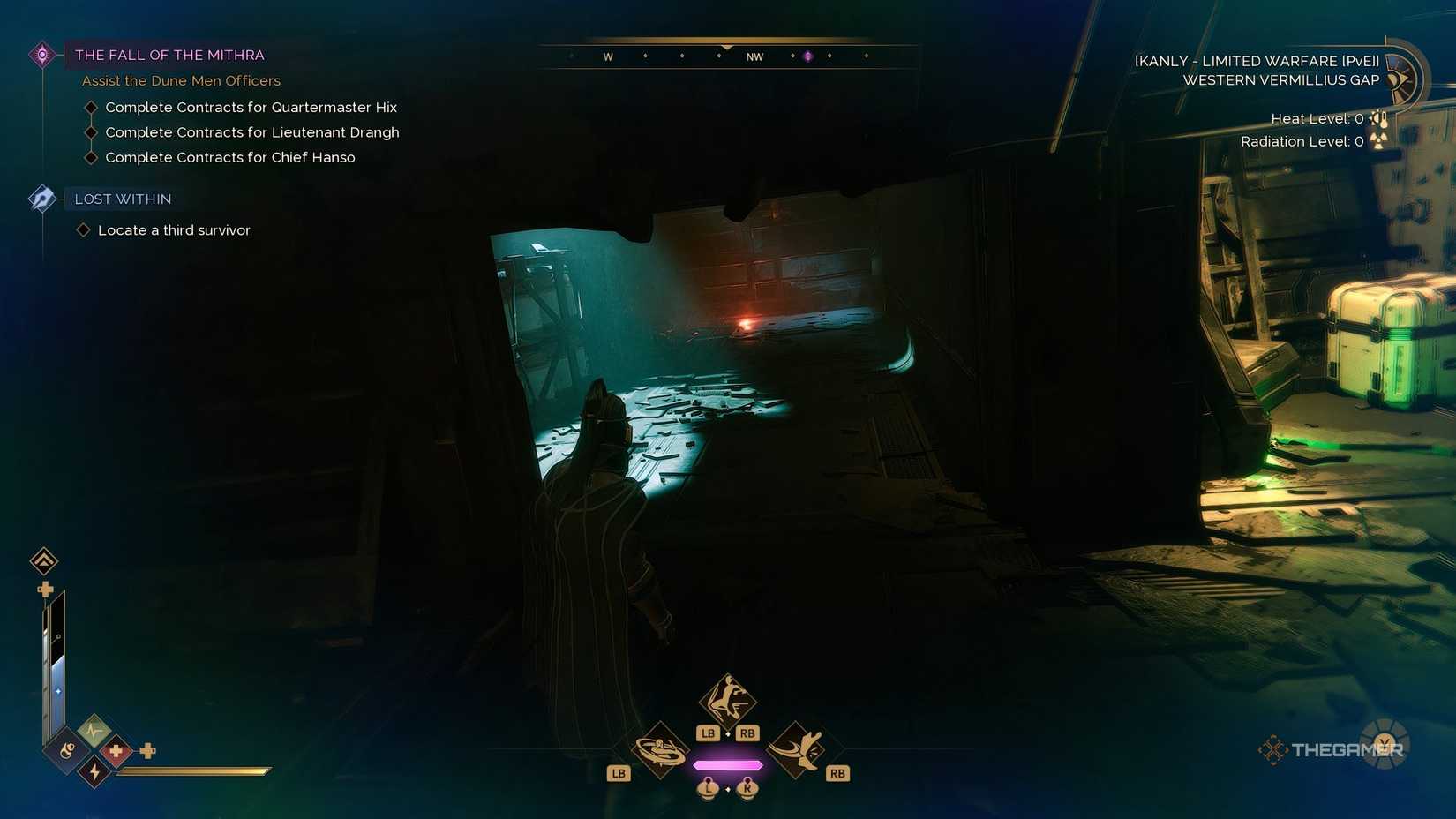 The player walking through a hallway thats half lit up in Dune: Awakening.