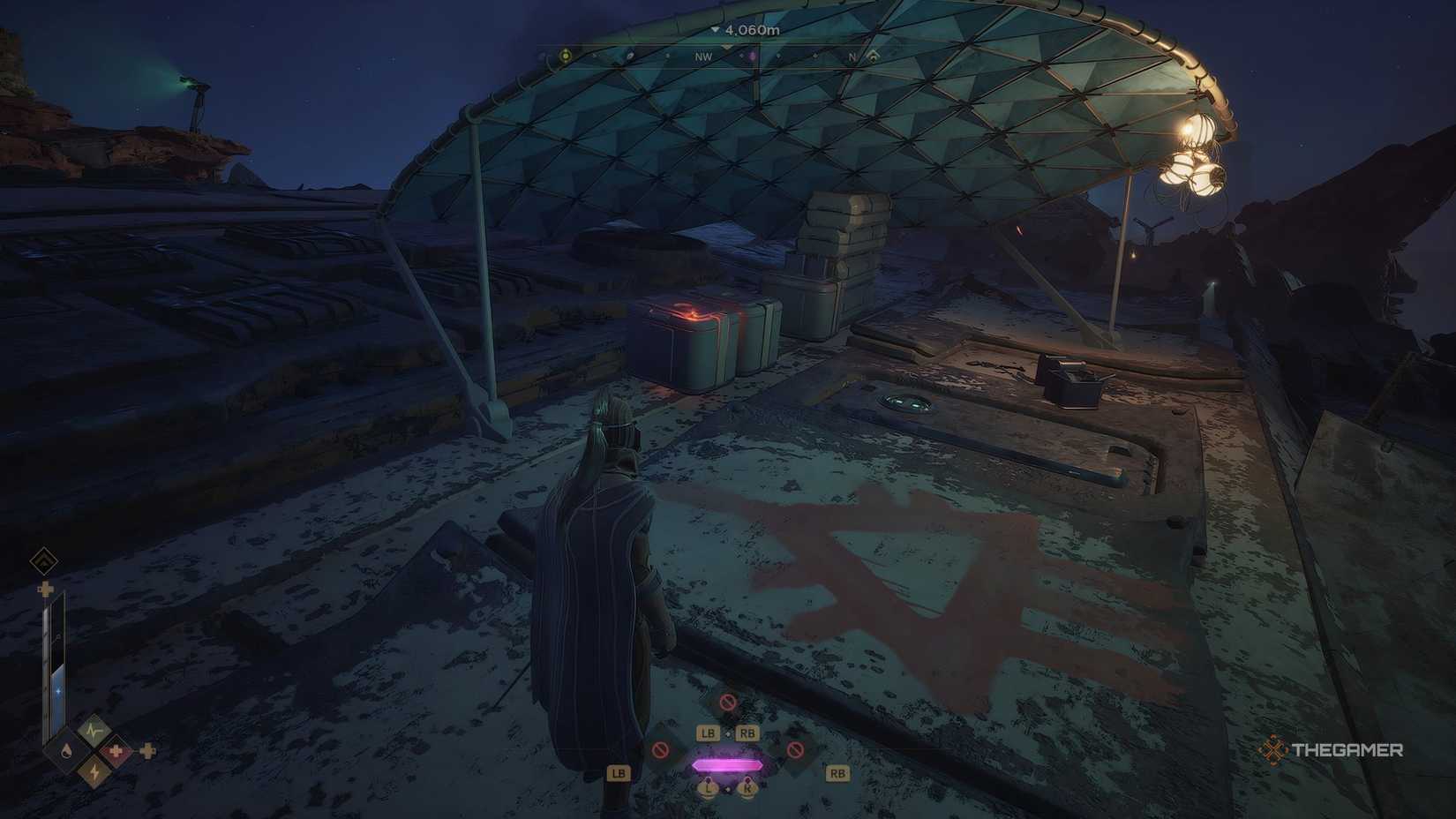 The player standing ontop of the Mithra shipwreck looking at the entrance in Dune: Awakening.