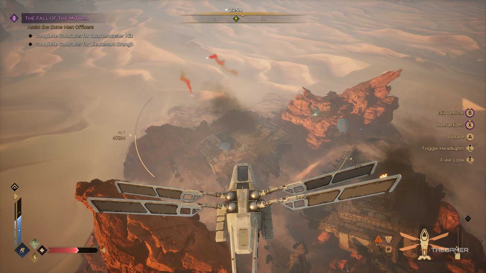 Player flying over Mithhr's debris in their ornithopter in Dune: Awakening.
