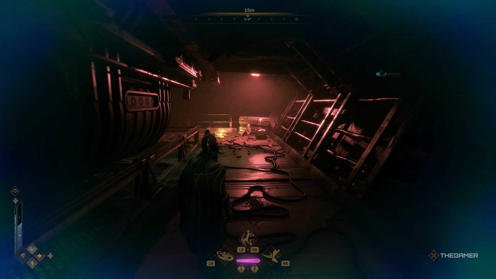 The player looking at the second crew member in Dune: Awakening. The green light of the second ID band can seen behind the second crew member. 