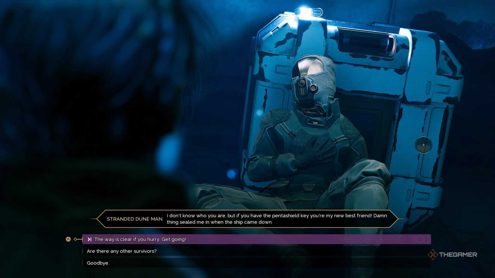 The player ineracting with the Starnded Dune Man in Dune:Awakening. There are choices listed below.