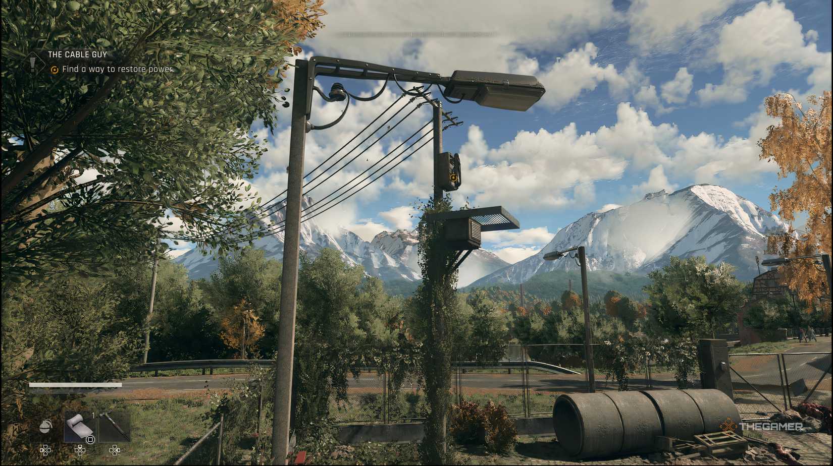 The player is looking at the light post with the platform behind the dying light: The Beast.