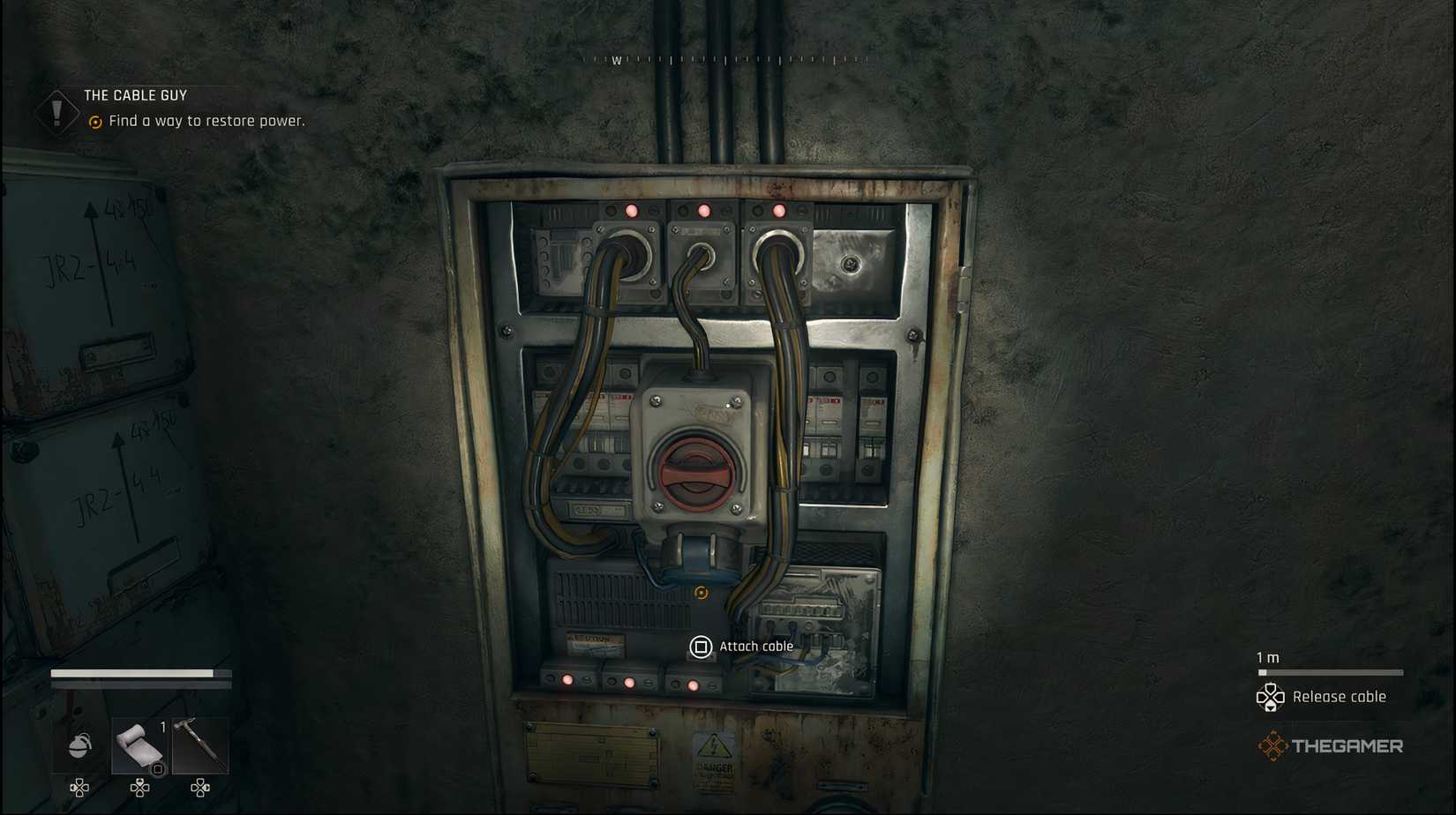 The player in the substation blocks the cable of the wall outlet with a dying light: beast.