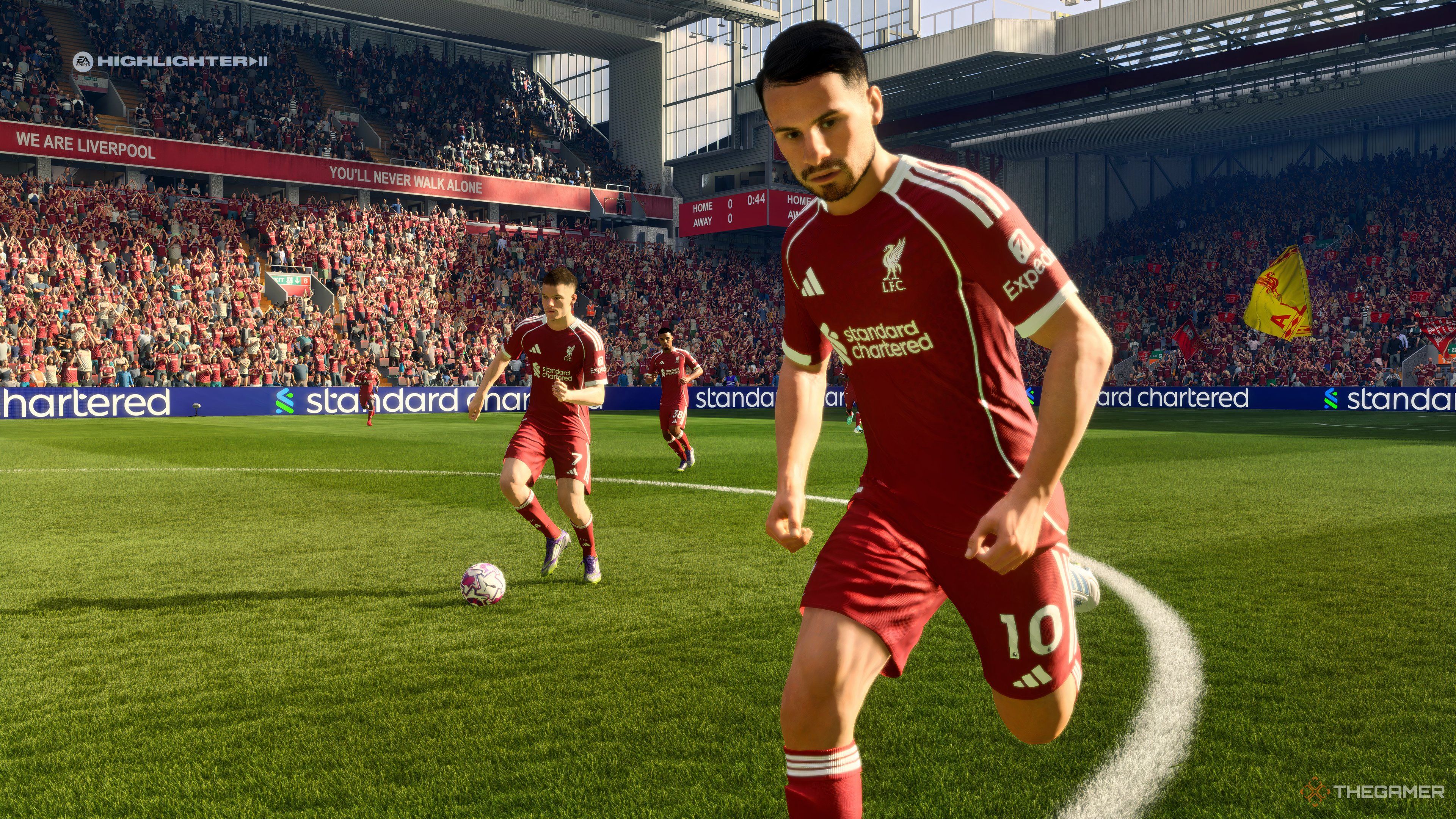 Alexis Mac Allister and other Liverpool players on the pitch in EA Sports FC 26.