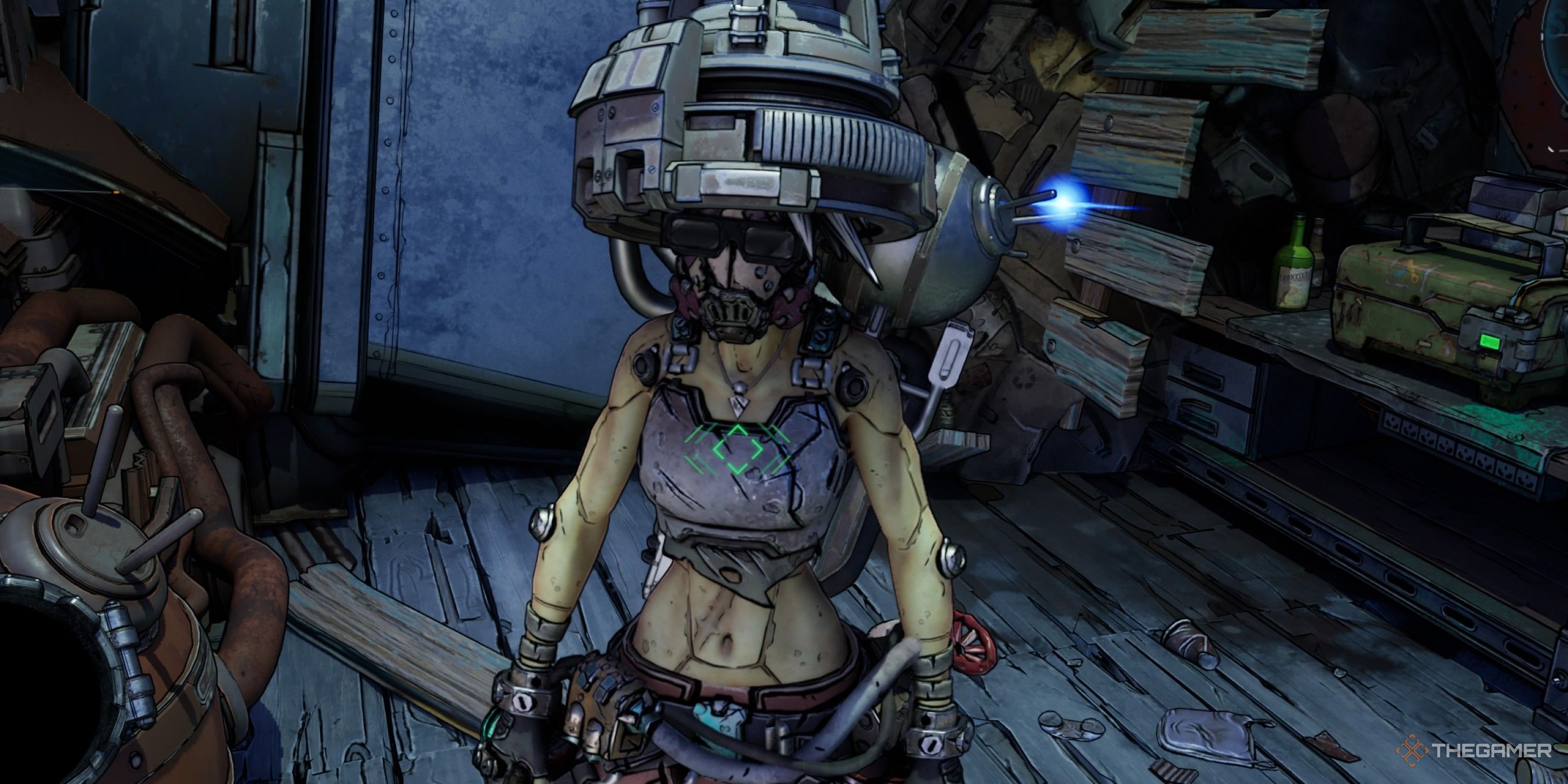 Close up of Prof Ambreleigh, a woman with a psycho mask and a giant machine on her head in Borderlands 4.