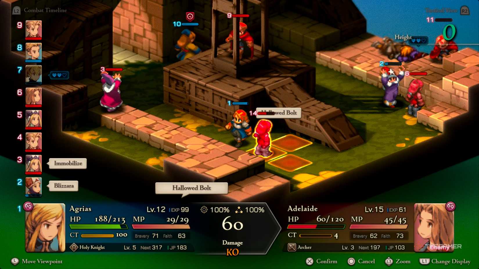 Agrias executing Hallowed Bolt on an Archer to KO them from the battle in Final Fantasy Tactics: The Ivalice Chronicles.