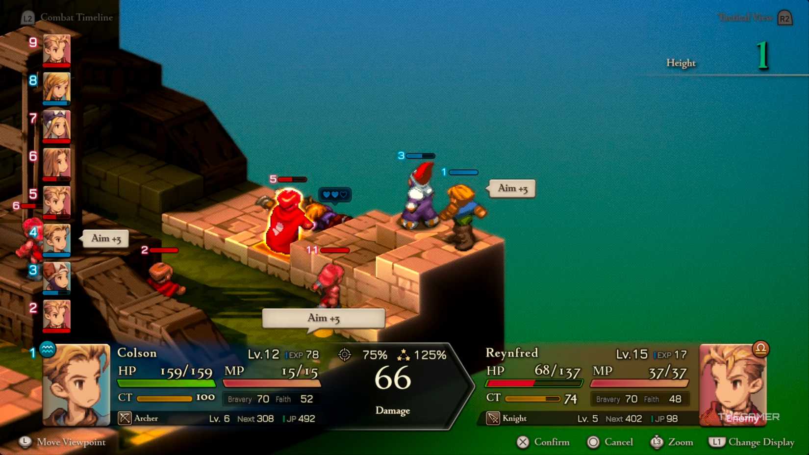 An Archer charging his Aim +3 attack to land a devastating shot with his Longbow onto a Knight for massive damage in Final Fantasy Tactics: The Ivalice Chronicles.