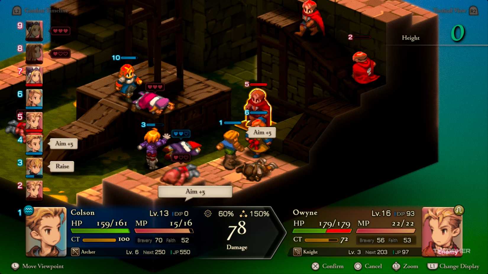 An Archer using his Aim +3 to attempt and hit a Knight for considerable damage in Final Fantasy Tactics: The Ivalice Chronicles.