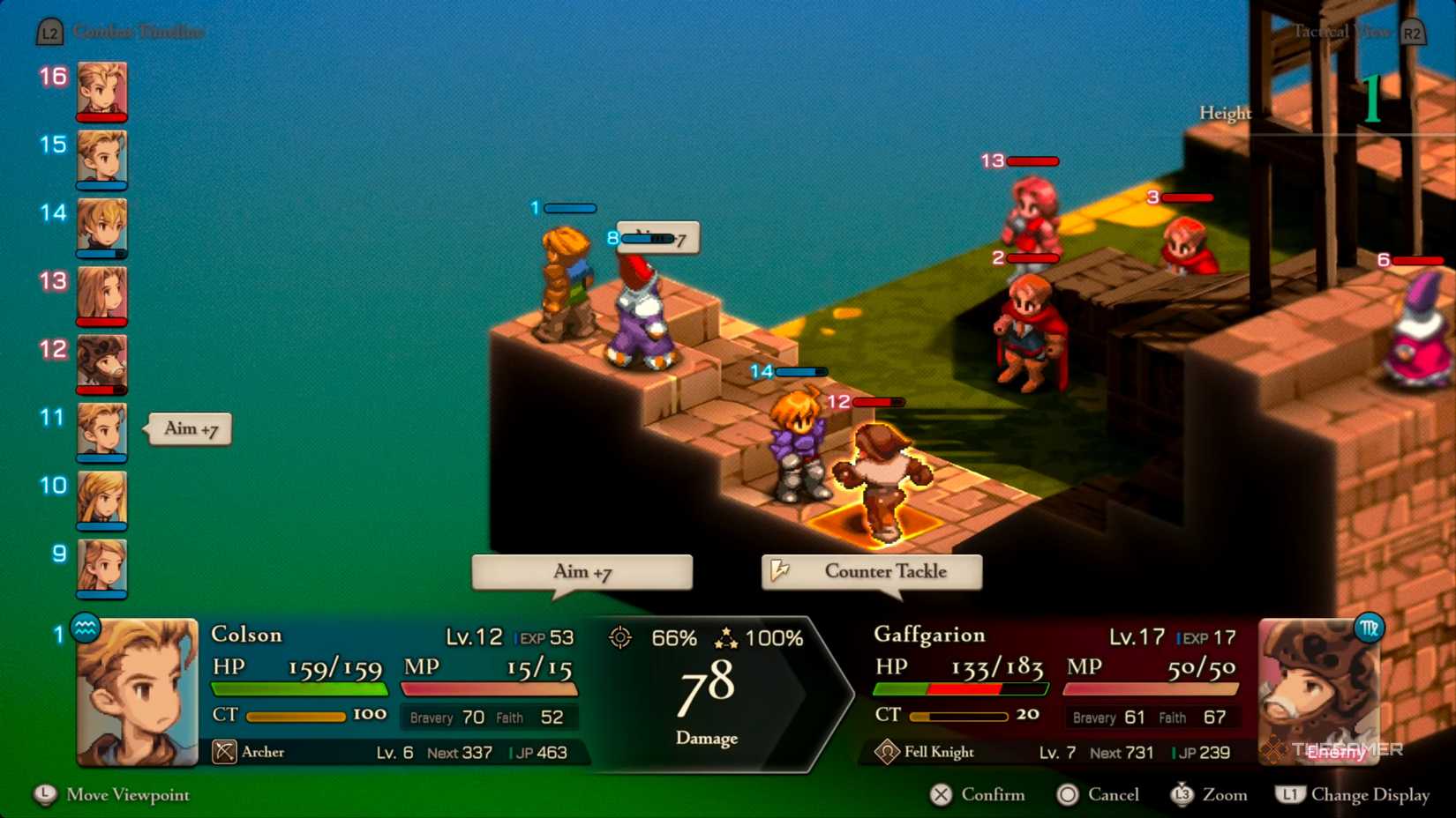 An Archer lining up his Aim +7 attack for a devastating shot on Gaffgarion in Final Fantasy Tactics: The Ivalice Chronicles.