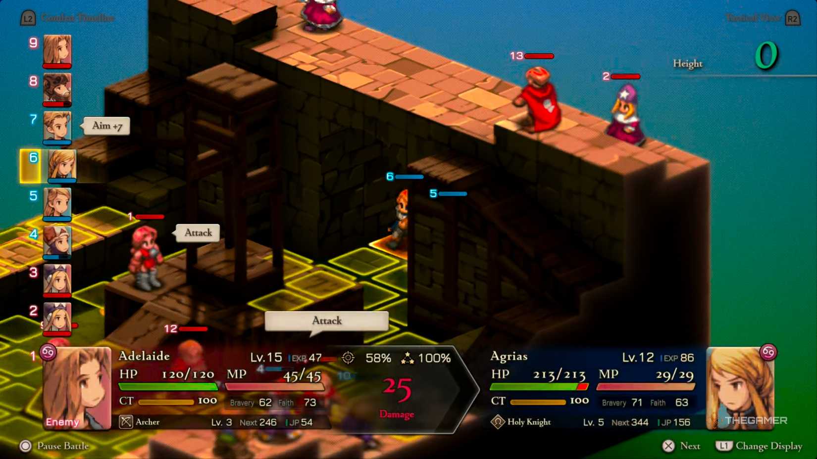 An Archer landing a shot on Agrias with her Longbow for a small chunk of damage in Final Fantasy Tactics: The Ivalice Chronicles.