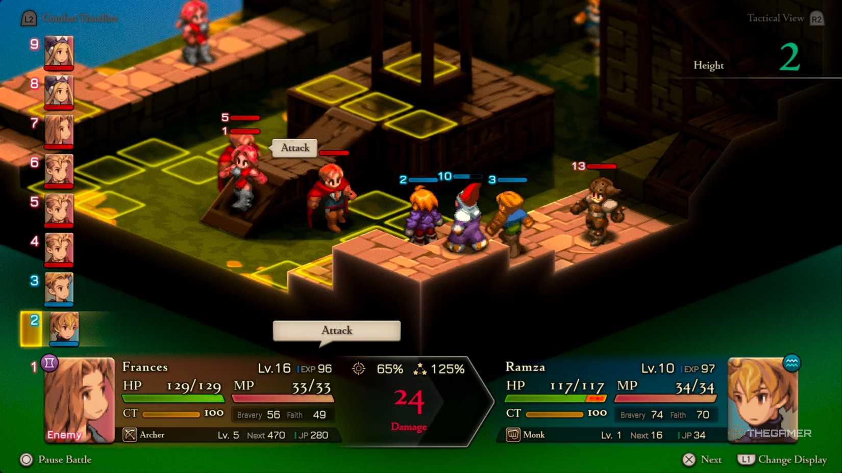 An Archer landing a shot on Ramza with her longbow for small amounts of damage in Final Fantasy Tactics: The Ivalice Chronicles.