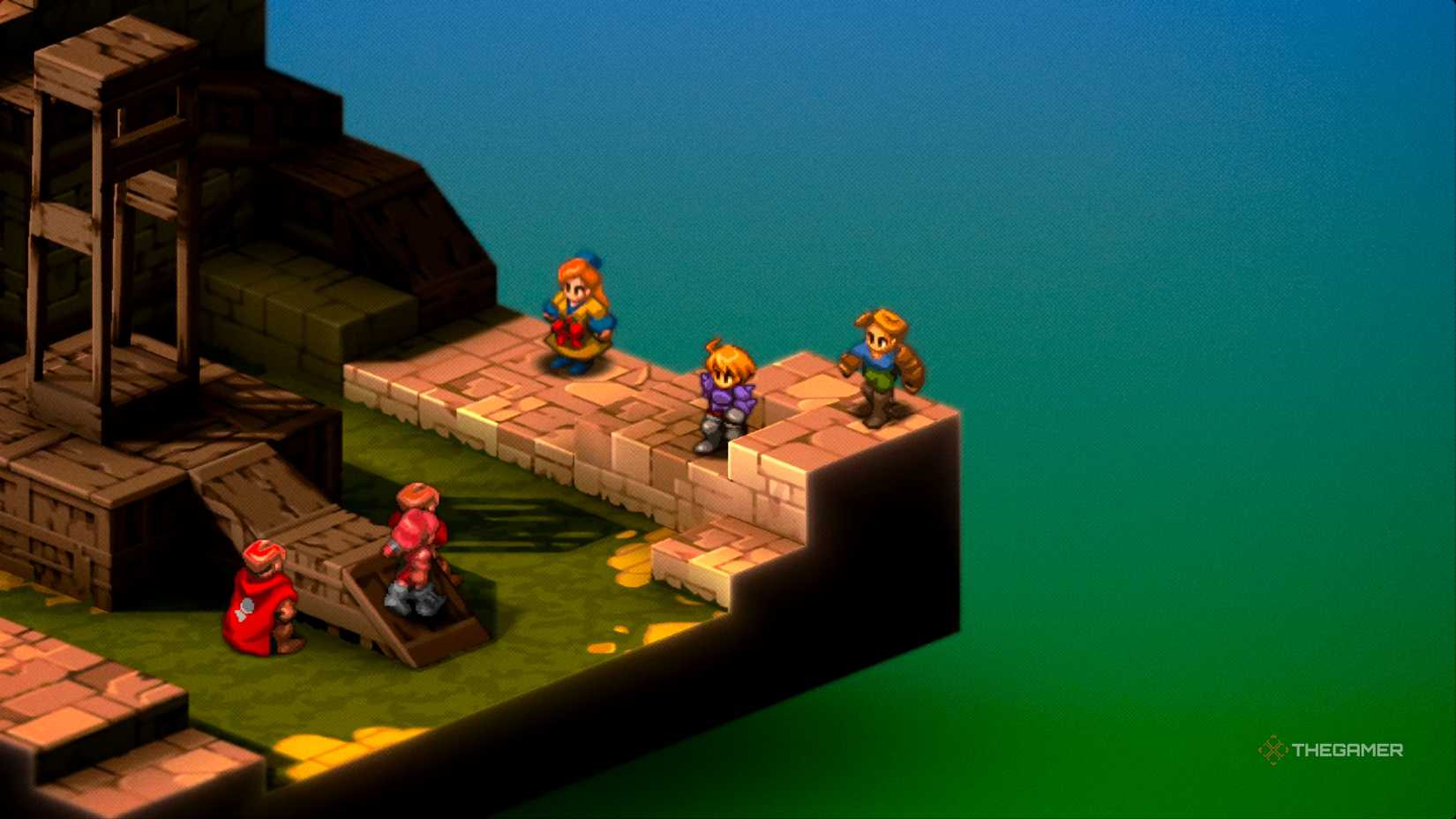 Ramza and his party looking toward a couple of Knights and an Archer, preparing to fight them and Gaffgarion in Final Fantasy Tactics: The Ivalice Chronicles.