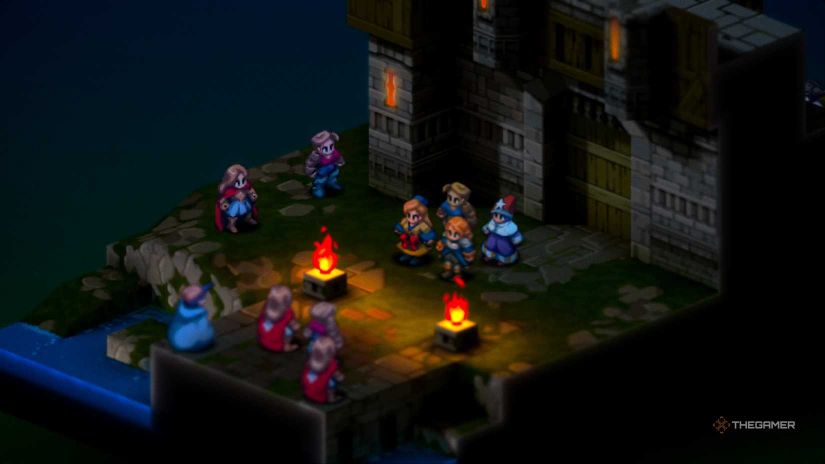 Gaffgarion's units surrounding Ramza's units outside of the Lionel Castle Gate after they ambushed them in Final Fantasy Tactics: The Ivalice Chronicles.